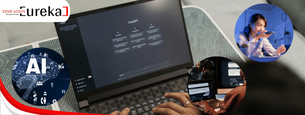 ChatGPT interface on laptop with AI elements and students using voice and text AI tools.