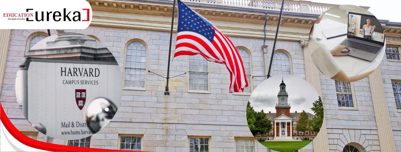 Harvard University building with American flag, online learning, and study options in Canada.