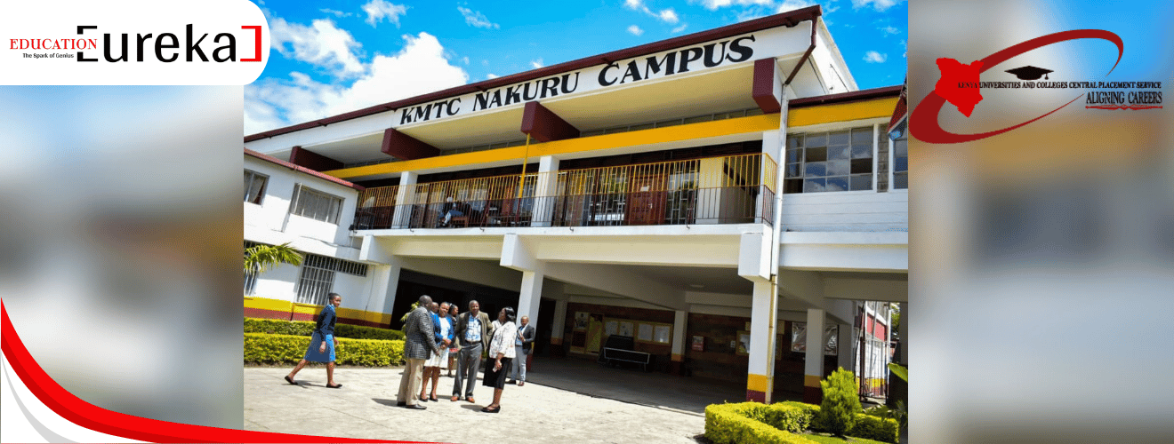 Students outside KMTC Nakuru Campus building in Kenya on a sunny day.