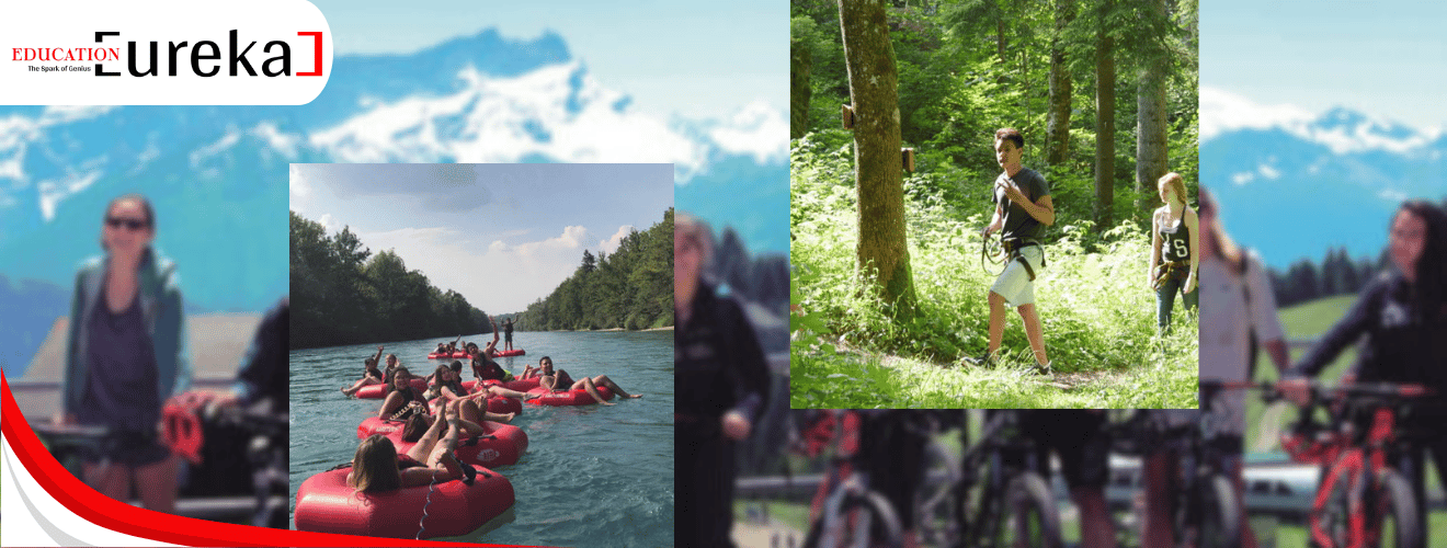Students enjoying water rafting and outdoor forest activities at Lemania Summer Camp in the Swiss Alps.