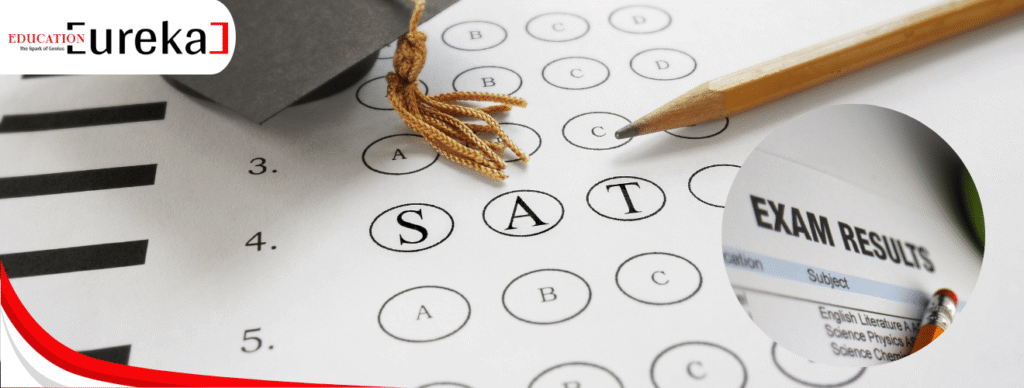 SAT answer sheet with pencil and graduation cap beside exam results page.