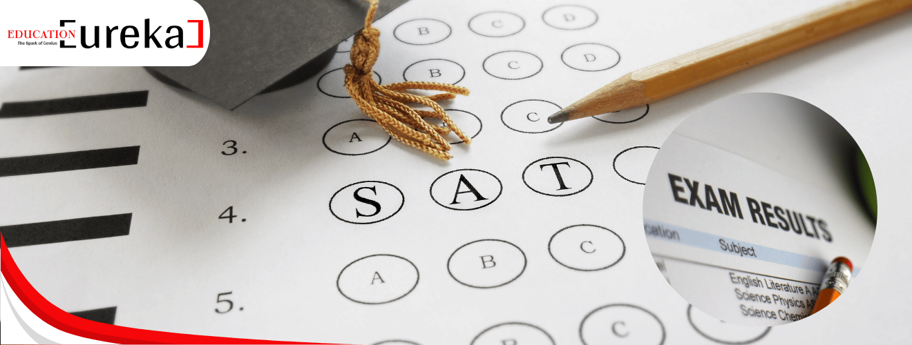 SAT answer sheet with pencil and graduation cap beside exam results page.