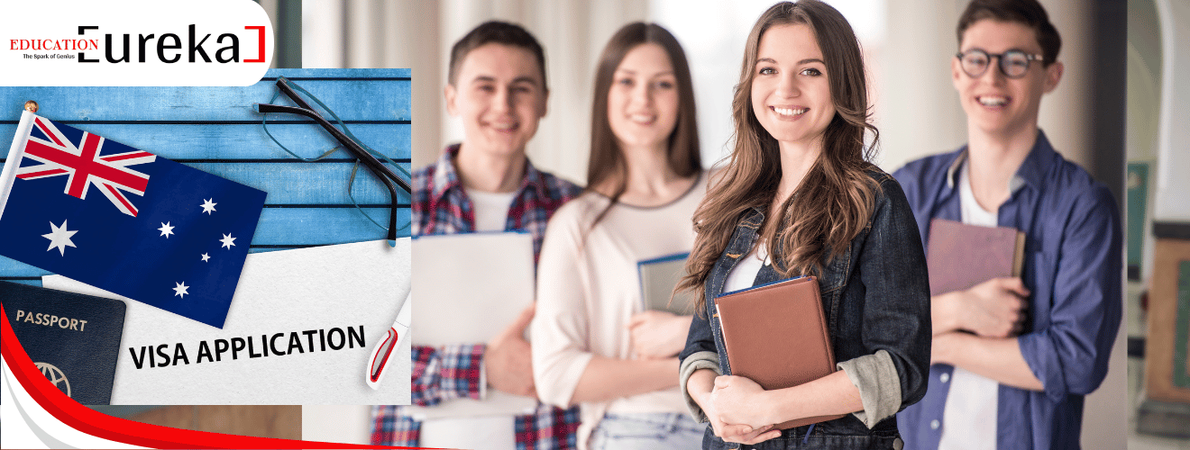 Group of international students holding books with an Australian visa application and passport.