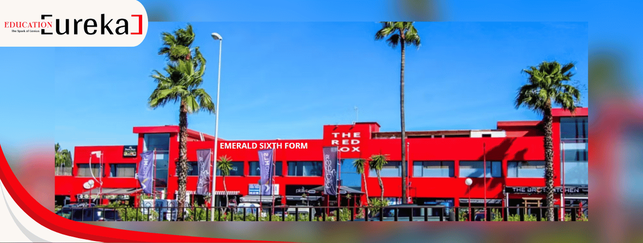 Emerald Sixth Form campus building with vibrant red exterior in Spain.